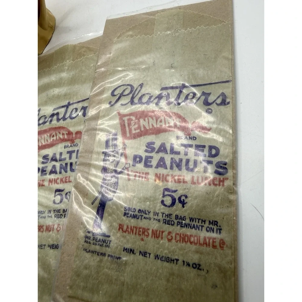 (4) Vintage Planters Mr Peanut Wax Bags Lot 1930s-50s (NOS) + Cup & Stirrer